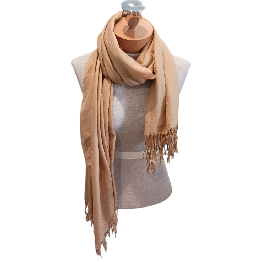 Womens Shawl Tan Pashmina Silk Blend Winter Fringed Cold Weather Scarf